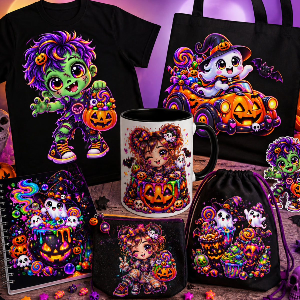 14 Cute Neon Halloween Cliparts PNG – 300 DPI – Transparante Achtergrond