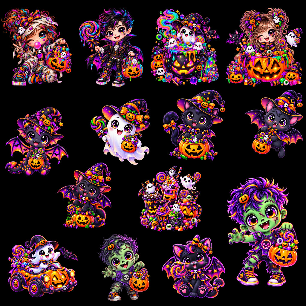 14 Cute Neon Halloween Cliparts PNG – 300 DPI – Transparante Achtergrond