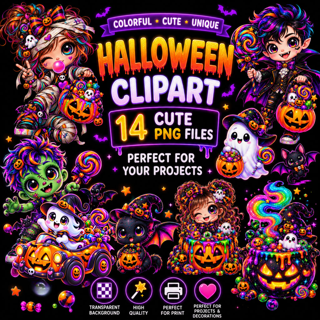14 Cute Neon Halloween Cliparts PNG – 300 DPI – Transparante Achtergrond