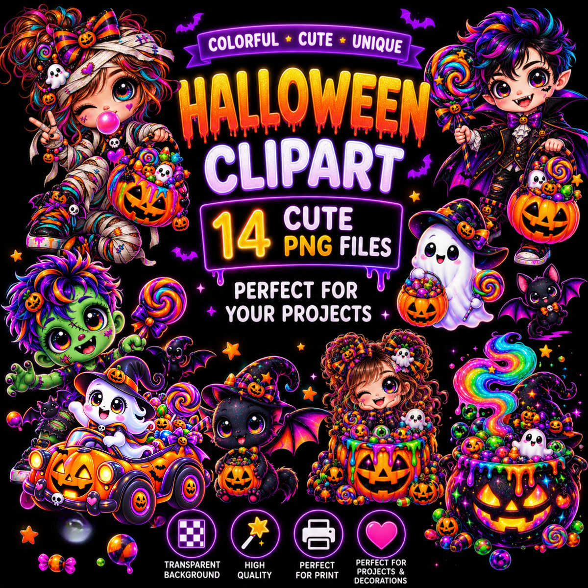 14 Cute Neon Halloween Cliparts PNG – 300 DPI – Transparante Achtergrond